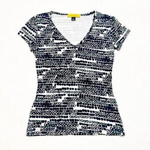 St. John Patterned Geometric V-Neck Short Sleeve Top Black White Blue Size Small